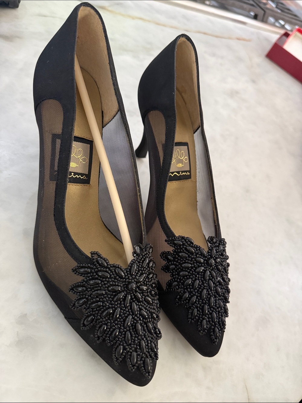 Nina Black Beaded Pointed Mesh Pumps